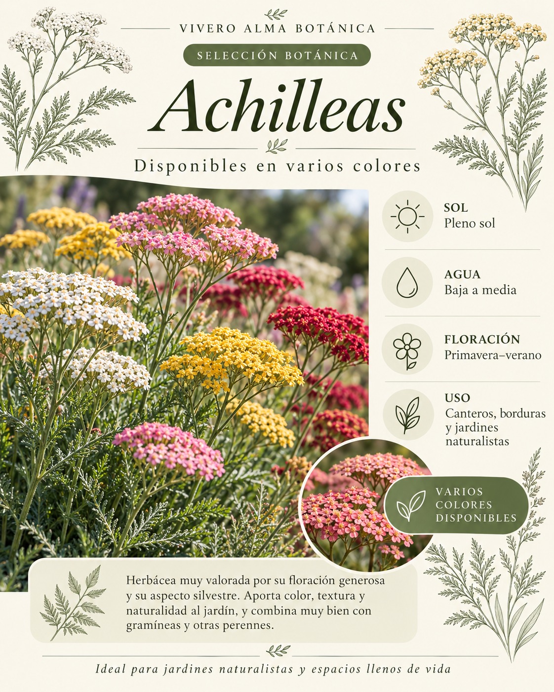 Ficha botánica de Achilleas, estilo infografía de Alma Botánica